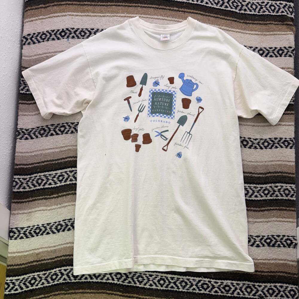 Vintage 90's Nurture Nature Gardening Tools Colorado White Tee Shirt Sz XL VTG